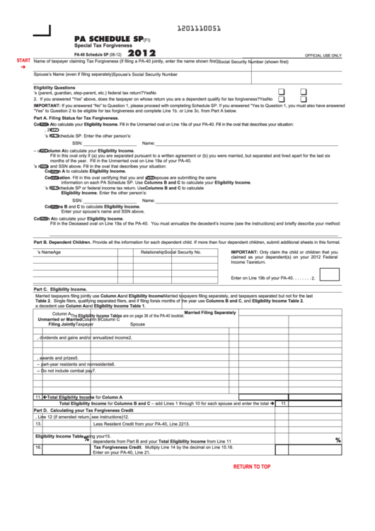 Form Pa-40 - Schedule Sp - Special Tax Forgiveness - 2012