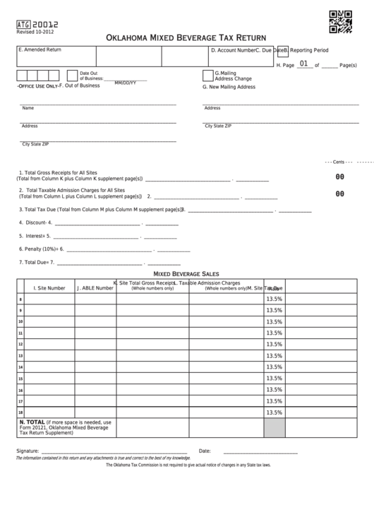 Fillable Form Atg20012 - Oklahoma Mixed Beverage Tax Return Printable pdf