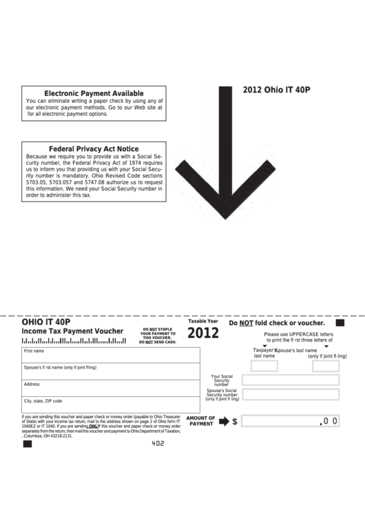 Fillable Ohio Form It 40p - Income Tax Payment Voucher Printable pdf