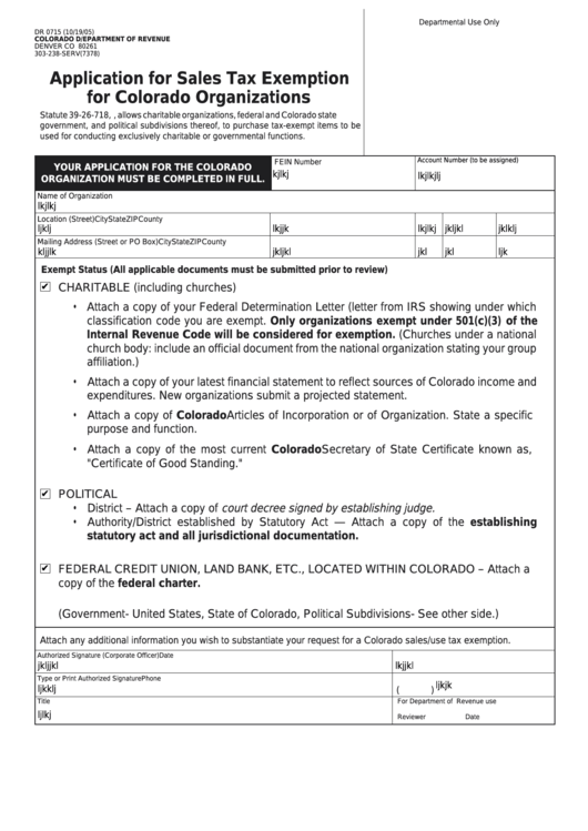 Fillable Form Dr 0715 - Application For Sales Tax Exemption For Colorado Organizations Printable pdf