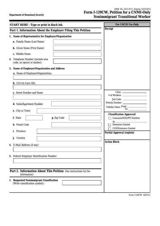 Fillable Form I-129cw - Petition For A Cnmi-Only Nonimmigrant Transitional Worker Printable pdf