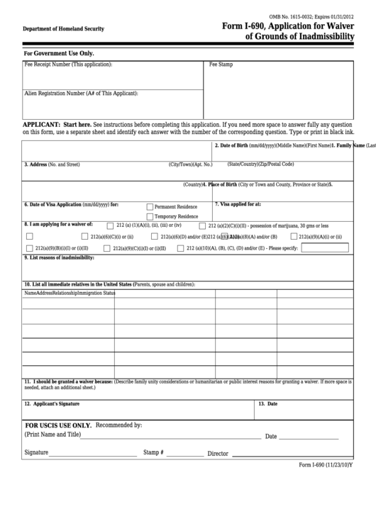 Fillable Form I-690 - Application For Waiver Of Grounds Of Inadmissibility Printable pdf