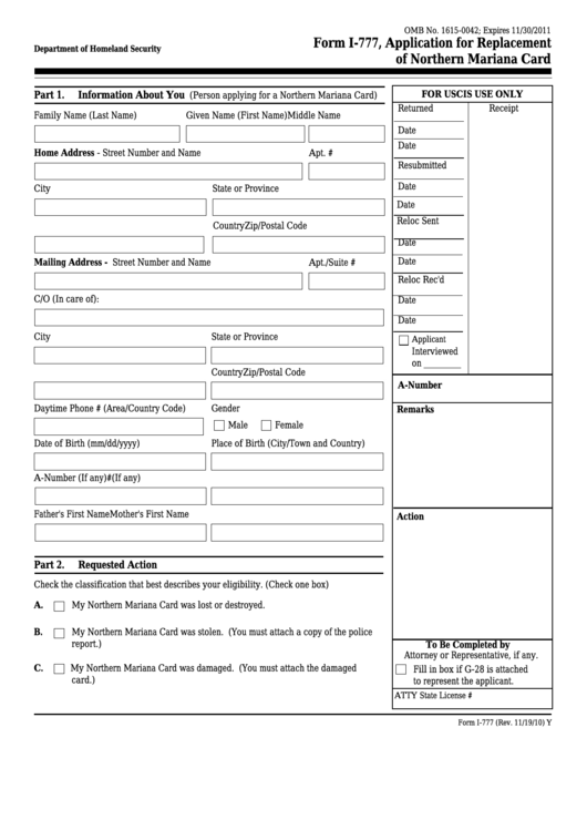Fillable Form I-777 - Application For Replacement Of Northern Mariana Card Printable pdf