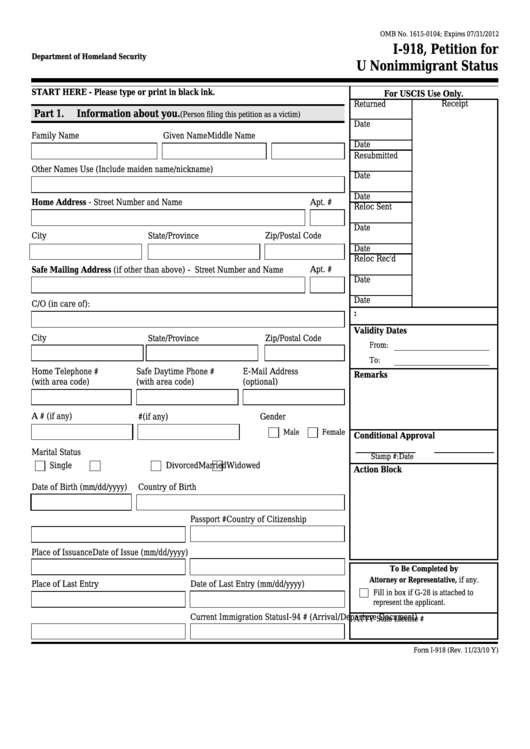 Fillable Form I-918 - Petition For U Nonimmigrant Status Printable pdf