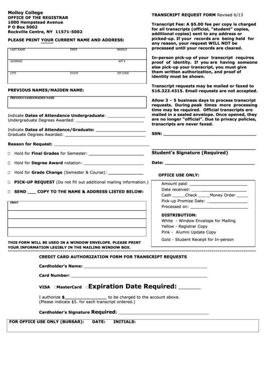 Transcript Request Form - Molloy College Printable pdf