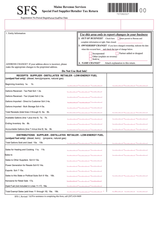 Form Sfs - Special Fuel Supplier/retailer Tax Return - Maine Revenue Services Printable pdf