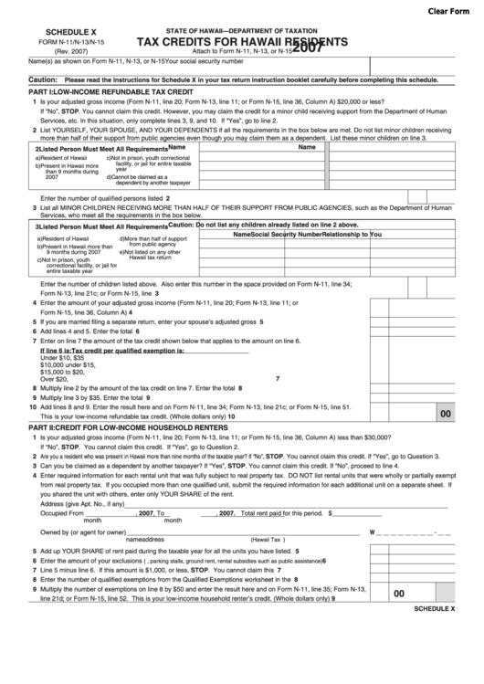 Fillable Schedule X - Tax Credits For Hawaii Residents - Hawaii Department Of Taxation - 2007 Printable pdf