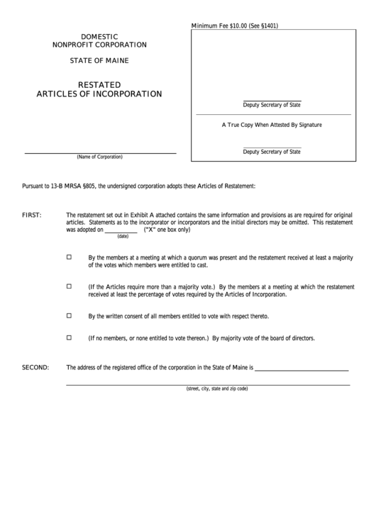 Fillable Form Mnpca-6a - Restated Articles Of Incorporation - Maine Domestic Nonprofit Corporation Printable pdf