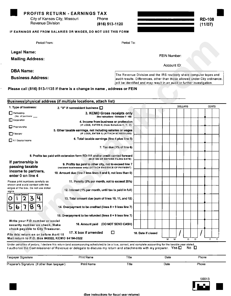 Form Rd-108 - Profit Return - Earnings Tax - City Of Kansas City, Missouri