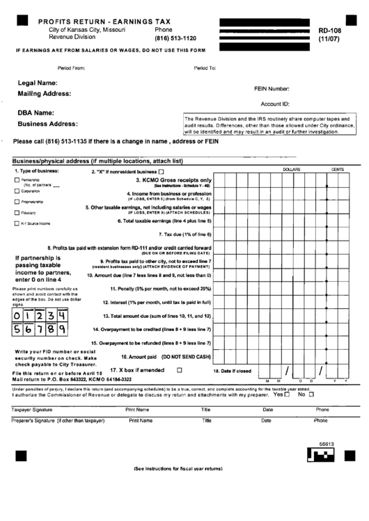 Fillable Form Rd-108 - Profit Return - Earnings Tax - City Of Kansas City, Missouri Printable pdf