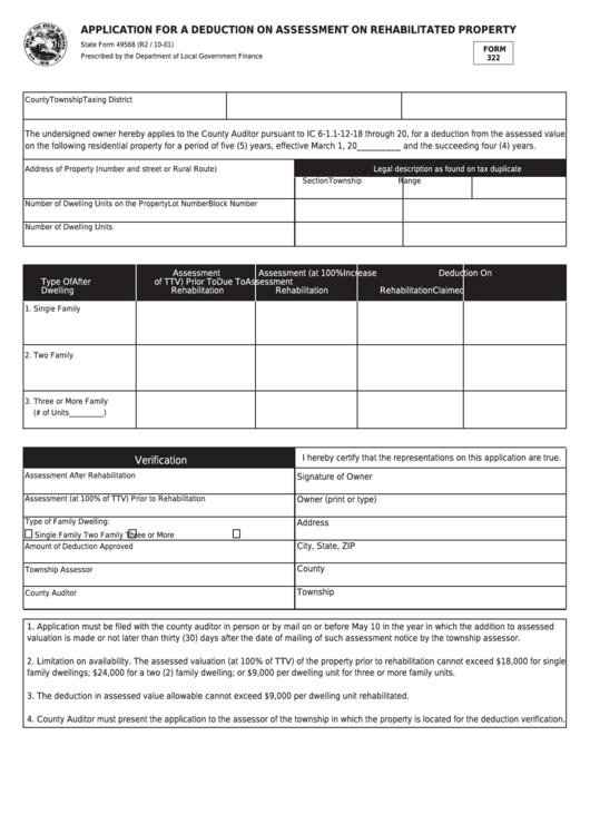 Fillable Form 322 - Application For A Deduction On Assessment On Rehabilitated Property - State Of Indiana - 2001 Printable pdf