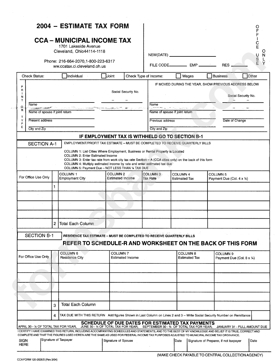 Cca Form 120-202es - Estimate Tax Form Cca - Municipal Income Tax - State Of Ohio - 2004