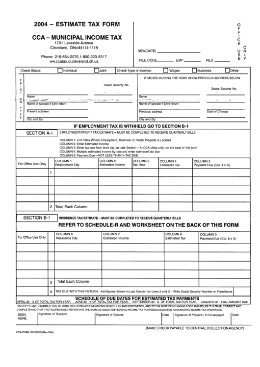 Download Cca Form 120-202es - Estimate Tax Form Cca - Municipal Income Tax - State Of Ohio - 2004 ...