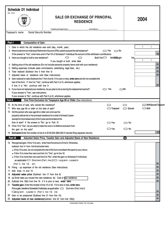 Schedule D1 Individual - Sale Or Exchange Of Principal Residence - 2004 Printable pdf