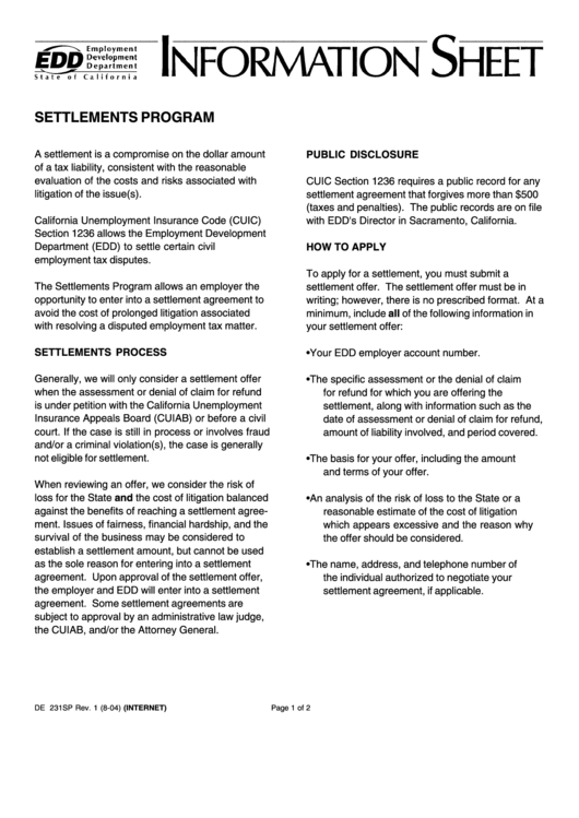 Instructions For Form De 231sp - Settlements Program Information Sheet - California Employment Development Department Printable pdf