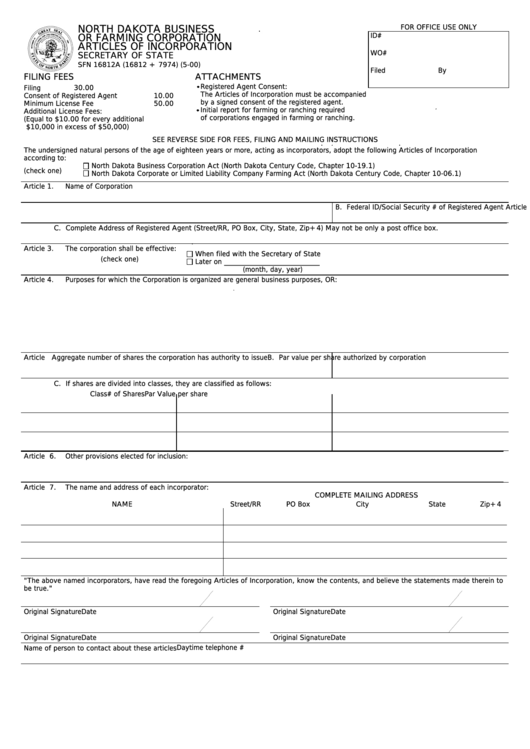 Form Sfn 16812a - Articles Of Incorporation For A North Dakota Or Farming Corporation Printable pdf