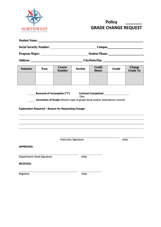 Grade Change Request Form Printable pdf