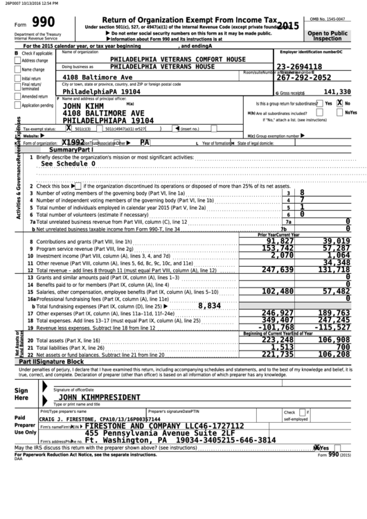 Sample Form 990 - Return Of Organization Exempt From Income Tax - 2015