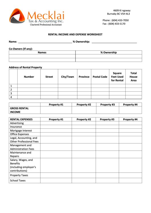 Rental Income And Expense Worksheet Printable pdf