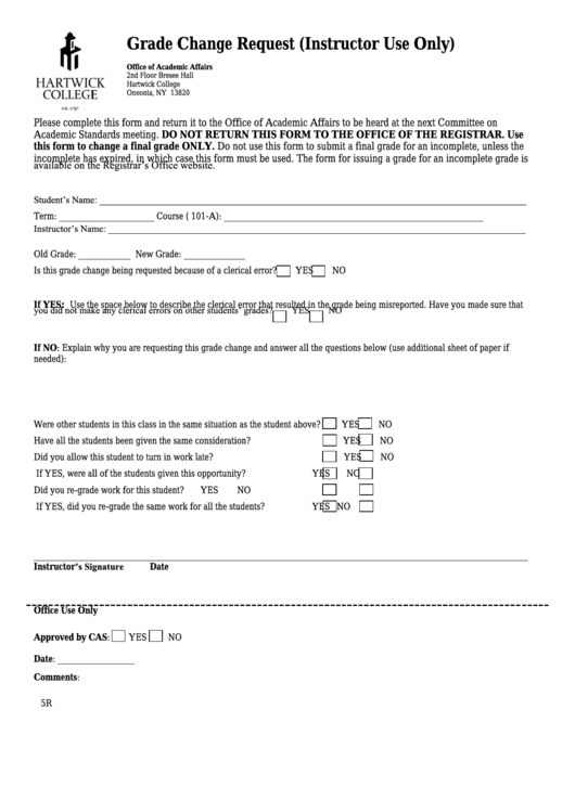 Grade Change Request Form Printable pdf