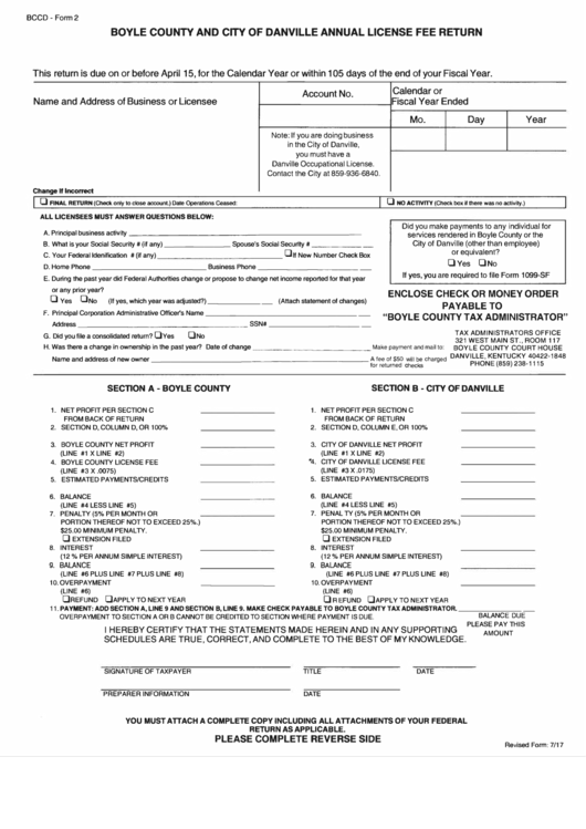 Bccd Form 2 - Annual License Fee Return Printable pdf