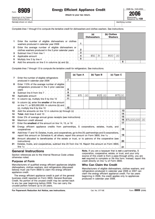 Fillable Form 8909 - Energy Efficient Appliance Credit - Department Of The Treasury - 2006 Printable pdf