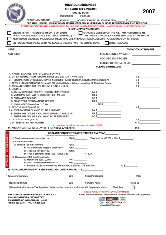 Individual/business Income Tax Return - Ashland Municipal Income Tax - 2007 Printable pdf
