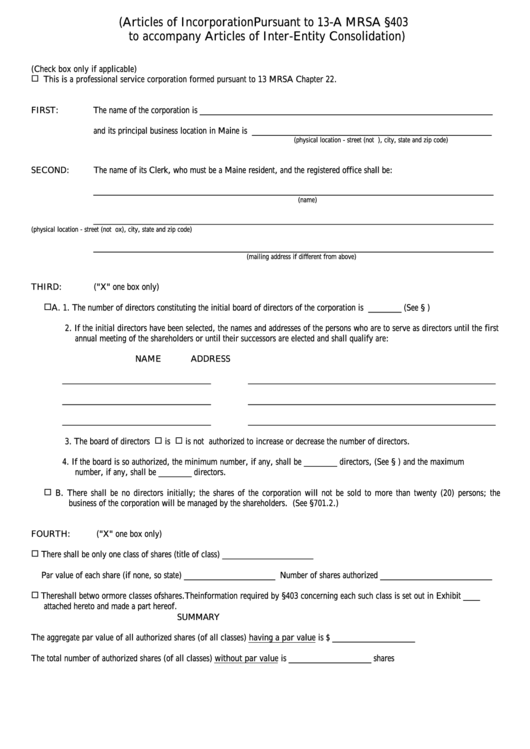 Fillable Form Cons-Bus - Articles Of Incorporation Pursuant To 13-A Mrsa 403 To Accompany Articles Of Inter-Entity Consolidation - 2001 Printable pdf