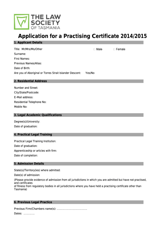 Application For A Practising Certificate 2014/2015 - The Law Society Of Tasmania Printable pdf