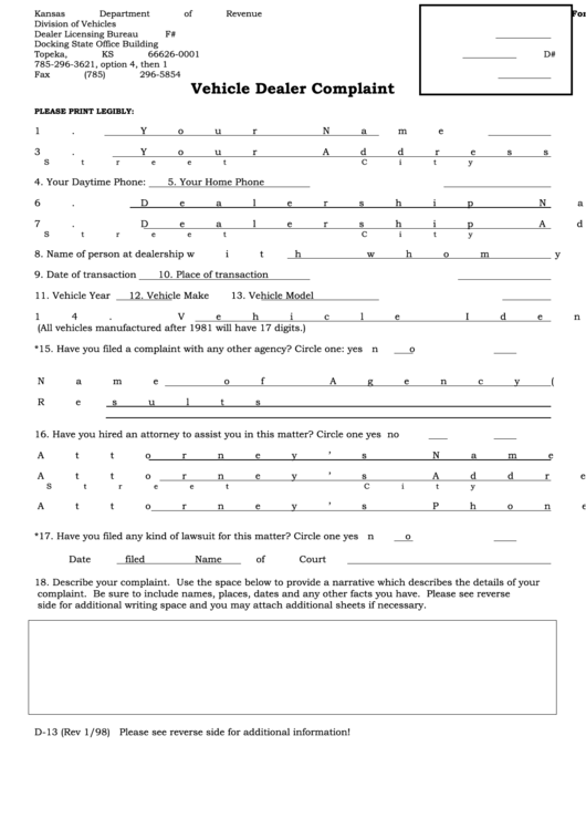 Fillable Form D13 Vehicle Dealer Complaint printable pdf download