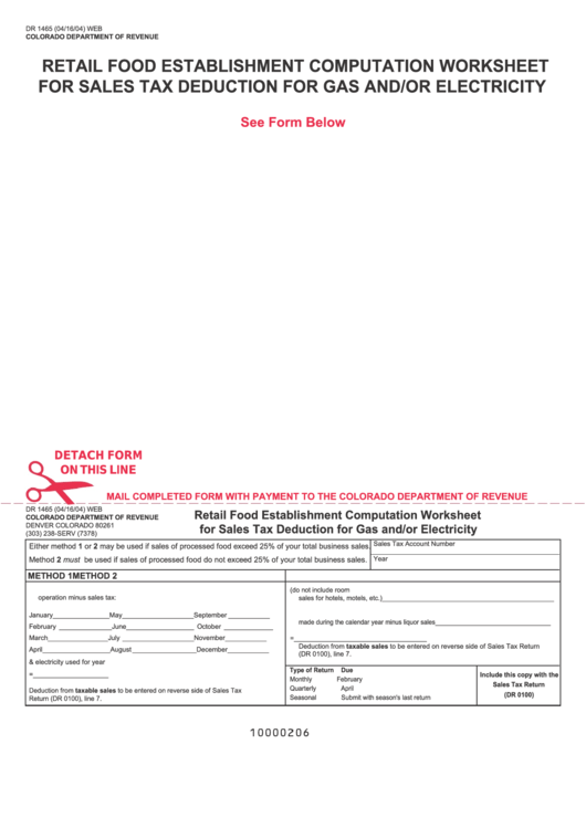 Fillable Form Dr 1465 - Retail Food Establishment Computation Worksheet For Sales Tax Deduction For Gas And/or Electricity Printable pdf