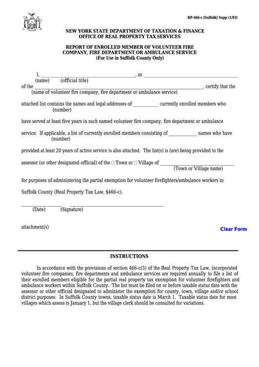 Fillable Form Rp-466-C - Report Of Enrolled Member Of Volunteer Fire Company, Fire Department Or Ambulance Service Printable pdf