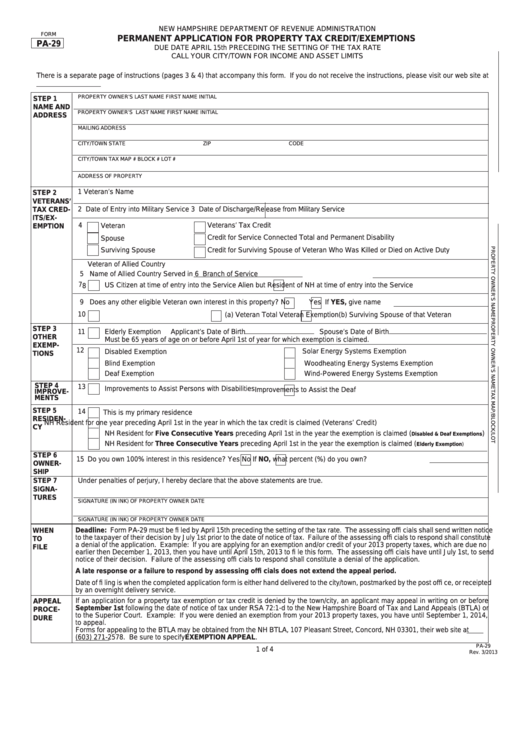 Fillable Form Pa-29 - Permanent Application For Property Tax Credit/exemptions Printable pdf
