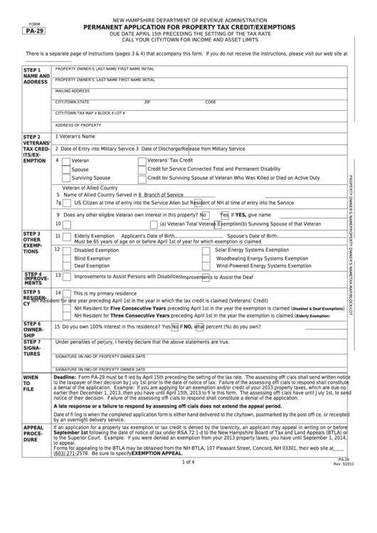 Fillable Form Pa 29 Permanent Application For Property Tax Credit 