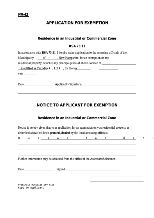 Form Pa-42 - Application For Exemption Residence In An Industrial Or Commercial Zone Printable pdf