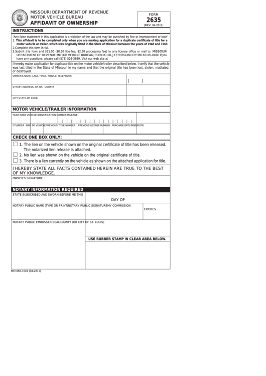 Fillable Form 2635 - Affidavit Of Ownership Printable pdf