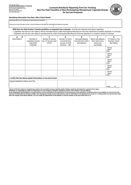 Form Dr 1284 - Licensed Distributor Reporting Form For Tracking Non-Tax Paid Transfers Of Non-Participating Manufacturer Cigarette Brands For Escrow Purposes Printable pdf
