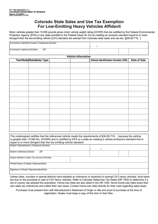 Form Dr 1369 - Colorado State Sales And Use Tax Exemption For Low-Emitting Heavy Vehicles Affidavit Printable pdf