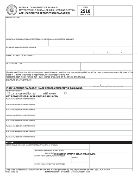 Fillable Form 2510 - Application For Repossessed Placard(S) Printable pdf