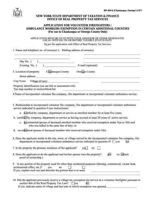Fillable Form Rp-466-B - Application For Volunteer Firefighters / Ambulance Workers Exemption In Certain Additional Counties Printable pdf