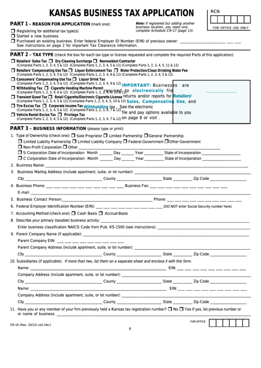 Fillable Form Cr-16 - Kansas Business Tax Application Printable pdf