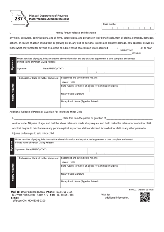 Fillable Form 237 - Motor Vehicle Accident Release Printable pdf