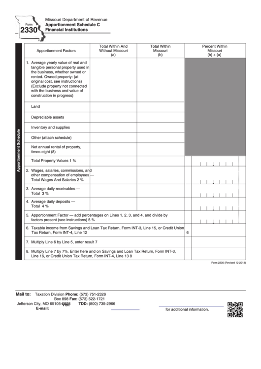Fillable Form 2330 - Apportionment Schedule C Financial Institutions Printable pdf