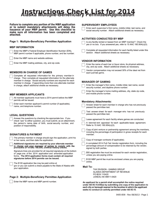 Instructions Check List For 2014 - Alaska Multiple-Beneficiary Permittee Application Printable pdf