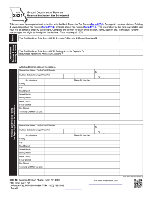 Fillable Form 2331 - Financial Institution Tax Schedule B Printable pdf