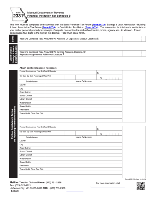 Fillable Form 2331 Financial Institution Tax Schedule B Printable Pdf