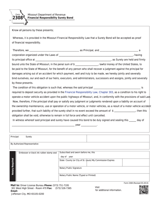 Fillable Form 2308 - Financial Responsibility Surety Bond Printable pdf