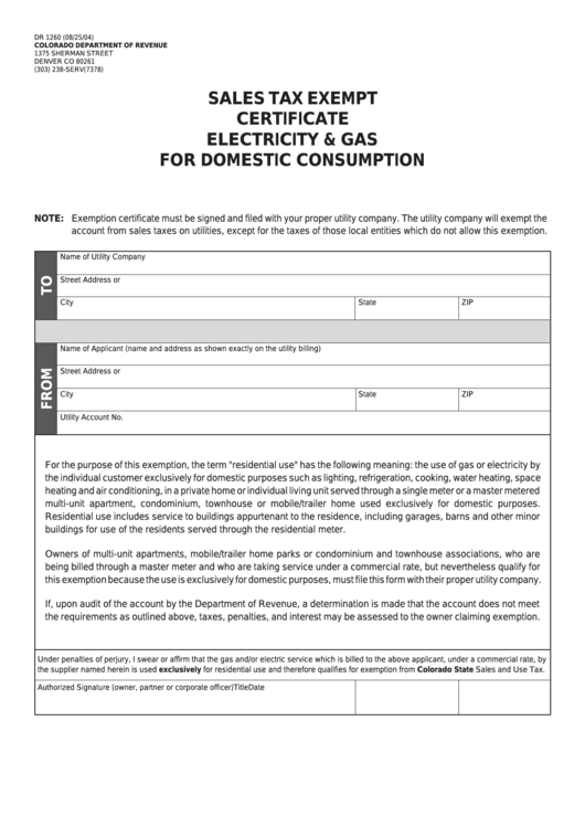 Form Dr 1260 - Sales Tax Exempt Certificate Electricity & Gas For Domestic Consumption Printable pdf