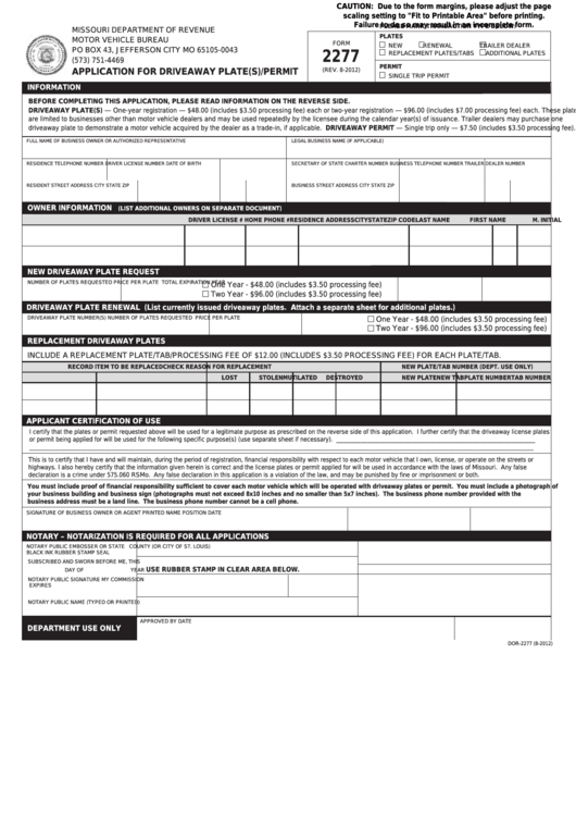 Fillable Form 2277 - Application For Driveaway Plate(S)/permit Printable pdf