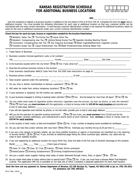 Fillable Form Cr-17 - Kansas Registration Schedule For Additional Business Locations Printable pdf